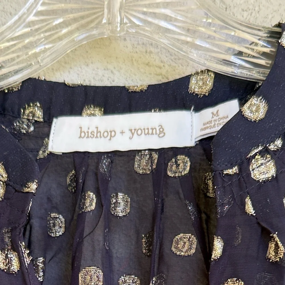 Anthropologie Bishop & Young Black Pullover Blouse w Gold Metallic Dots Medium - Picture 3 of 15